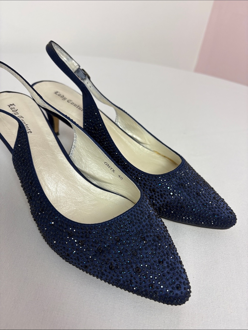 Lady Couture Onyx 40 Navy Rhinestone Slingback Heels Size 40